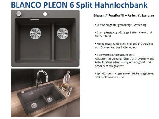 ❎ BLANCO Kchensple Pleon 6 Split Silgranit PuraDurII Granitsple / Einbausple Ablaufsystem InFino mit Drehknopfventil