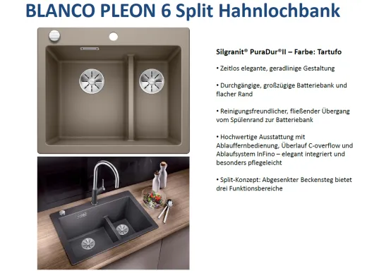 ❎ BLANCO Kchensple Pleon 6 Split Silgranit PuraDurII Granitsple / Einbausple Ablaufsystem InFino mit Drehknopfventil