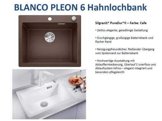 BLANCO Kchensple Pleon 6 Silgranit PuraDurII Granitsple / Einbausple Ablaufsystem InFino mit Drehknopfventil