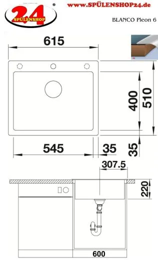 BLANCO Kchensple Pleon 6 Silgranit PuraDurII Granitsple / Einbausple Ablaufsystem InFino mit Drehknopfventil