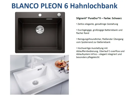 BLANCO Kchensple Pleon 6 Silgranit PuraDurII Granitsple / Einbausple Ablaufsystem InFino mit Drehknopfventil