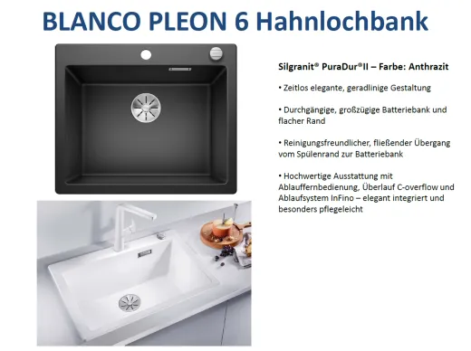 BLANCO Kchensple Pleon 6 Silgranit PuraDurII Granitsple / Einbausple Ablaufsystem InFino mit Drehknopfventil