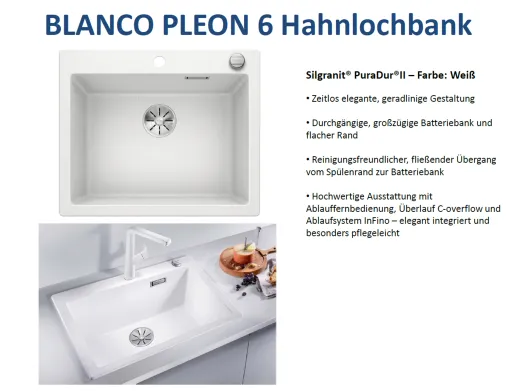 BLANCO Kchensple Pleon 6 Silgranit PuraDurII Granitsple / Einbausple Ablaufsystem InFino mit Drehknopfventil