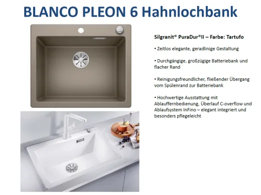 BLANCO Kchensple Pleon 6 Silgranit PuraDurII Granitsple / Einbausple Ablaufsystem InFino mit Drehknopfventil