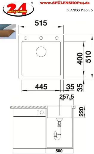 BLANCO Kchensple Pleon 5 Silgranit PuraDurII Granitsple / Einbausple Ablaufsystem InFino mit Drehknopfventil