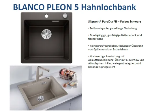 BLANCO Kchensple Pleon 5 Silgranit PuraDurII Granitsple / Einbausple Ablaufsystem InFino mit Drehknopfventil