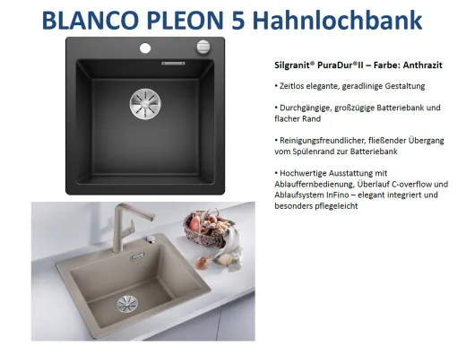 BLANCO Kchensple Pleon 5 Silgranit PuraDurII Granitsple / Einbausple Ablaufsystem InFino mit Drehknopfventil
