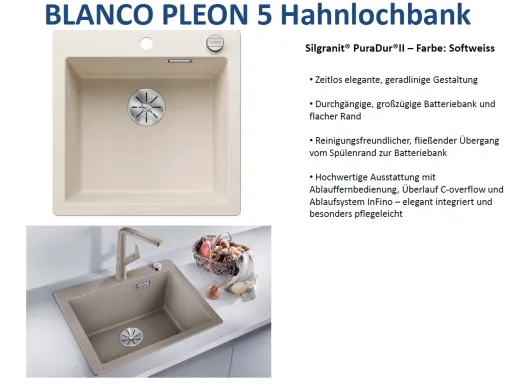 BLANCO Kchensple Pleon 5 Silgranit PuraDurII Granitsple / Einbausple Ablaufsystem InFino mit Drehknopfventil