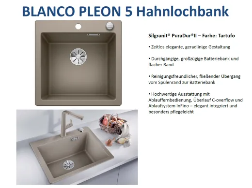 BLANCO Kchensple Pleon 5 Silgranit PuraDurII Granitsple / Einbausple Ablaufsystem InFino mit Drehknopfventil