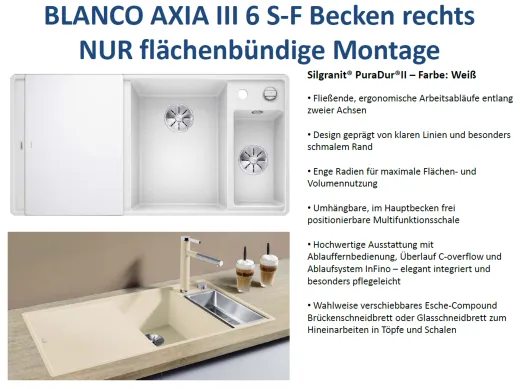 BLANCO Axia III 6 S-F GSB (Glasschneidbrett) Silgranit PuraDurII Granitsple Flchenbndig Ablaufsystem InFino mit Drehknopfventil
