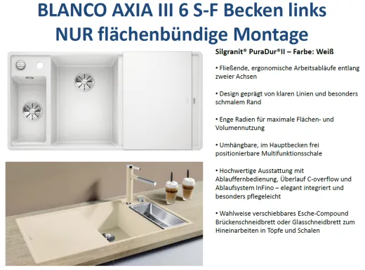 BLANCO Axia III 6 S-F GSB (Glasschneidbrett) Silgranit PuraDurII Granitsple Flchenbndig Ablaufsystem InFino mit Drehknopfventil