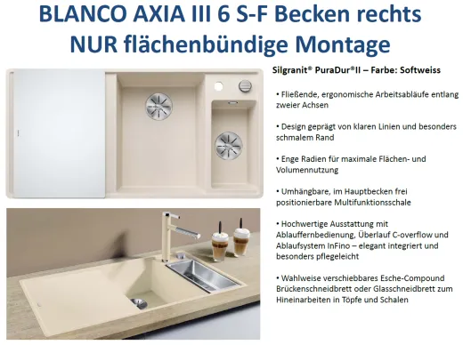 BLANCO Axia III 6 S-F GSB (Glasschneidbrett) Silgranit PuraDurII Granitsple Flchenbndig Ablaufsystem InFino mit Drehknopfventil