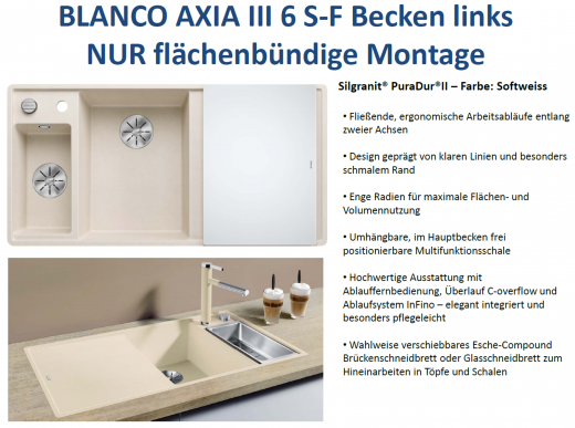 BLANCO Axia III 6 S-F GSB (Glasschneidbrett) Silgranit PuraDurII Granitsple Flchenbndig Ablaufsystem InFino mit Drehknopfventil