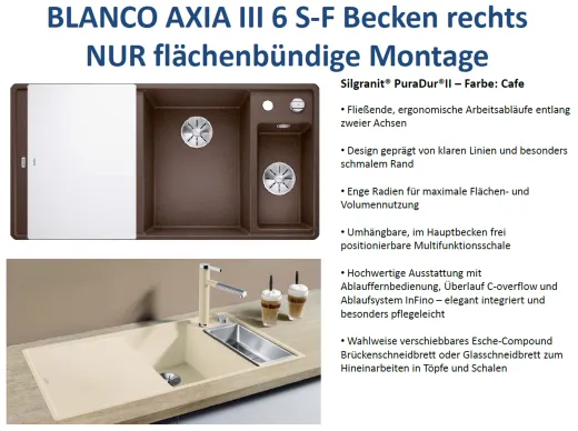 BLANCO Axia III 6 S-F GSB (Glasschneidbrett) Silgranit PuraDurII Granitsple Flchenbndig Ablaufsystem InFino mit Drehknopfventil