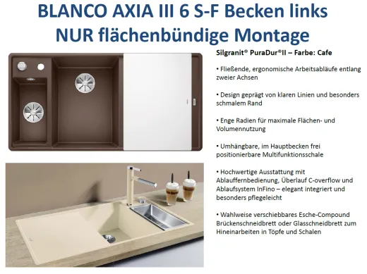 BLANCO Axia III 6 S-F GSB (Glasschneidbrett) Silgranit PuraDurII Granitsple Flchenbndig Ablaufsystem InFino mit Drehknopfventil