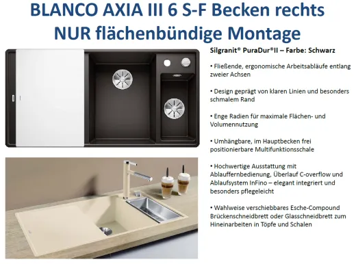 BLANCO Axia III 6 S-F GSB (Glasschneidbrett) Silgranit PuraDurII Granitsple Flchenbndig Ablaufsystem InFino mit Drehknopfventil