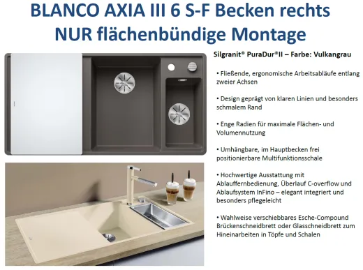 BLANCO Axia III 6 S-F GSB (Glasschneidbrett) Silgranit PuraDurII Granitsple Flchenbndig Ablaufsystem InFino mit Drehknopfventil