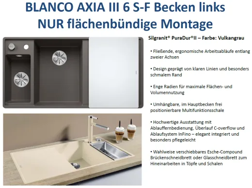 BLANCO Axia III 6 S-F GSB (Glasschneidbrett) Silgranit PuraDurII Granitsple Flchenbndig Ablaufsystem InFino mit Drehknopfventil