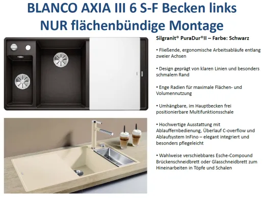 BLANCO Axia III 6 S-F GSB (Glasschneidbrett) Silgranit PuraDurII Granitsple Flchenbndig Ablaufsystem InFino mit Drehknopfventil