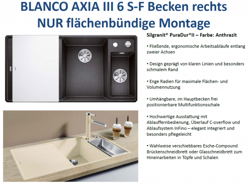 BLANCO Axia III 6 S-F GSB (Glasschneidbrett) Silgranit PuraDurII Granitsple Flchenbndig Ablaufsystem InFino mit Drehknopfventil