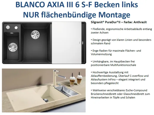 BLANCO Axia III 6 S-F GSB (Glasschneidbrett) Silgranit PuraDurII Granitsple Flchenbndig Ablaufsystem InFino mit Drehknopfventil