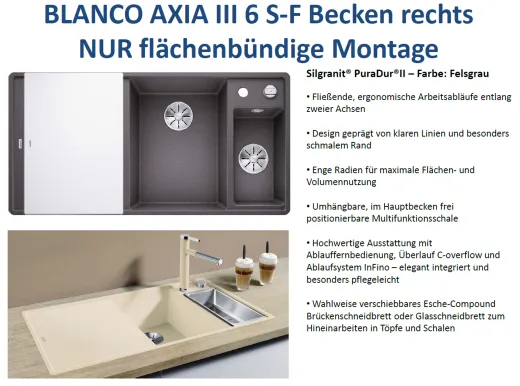 BLANCO Axia III 6 S-F GSB (Glasschneidbrett) Silgranit PuraDurII Granitsple Flchenbndig Ablaufsystem InFino mit Drehknopfventil