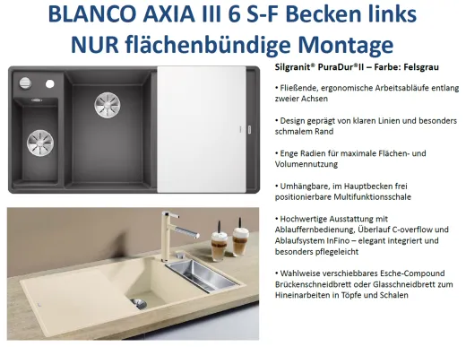 BLANCO Axia III 6 S-F GSB (Glasschneidbrett) Silgranit PuraDurII Granitsple Flchenbndig Ablaufsystem InFino mit Drehknopfventil