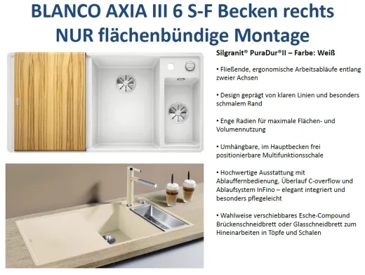 BLANCO Axia III 6 S-F HSB (Holzschneidbrett) Silgranit PuraDurII Granitsple Flchenbndig Ablaufsystem InFino mit Drehknopfventil