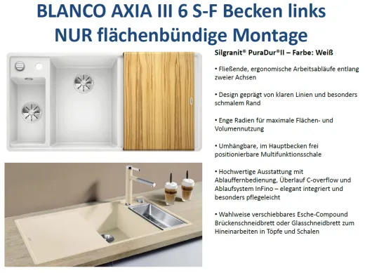BLANCO Axia III 6 S-F HSB (Holzschneidbrett) Silgranit PuraDurII Granitsple Flchenbndig Ablaufsystem InFino mit Drehknopfventil