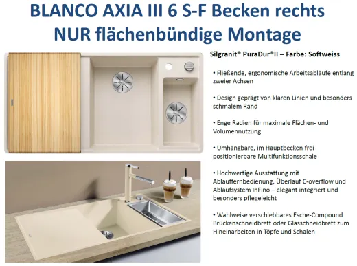 BLANCO Axia III 6 S-F HSB (Holzschneidbrett) Silgranit PuraDurII Granitsple Flchenbndig Ablaufsystem InFino mit Drehknopfventil