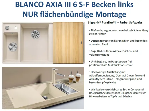 BLANCO Axia III 6 S-F HSB (Holzschneidbrett) Silgranit PuraDurII Granitsple Flchenbndig Ablaufsystem InFino mit Drehknopfventil