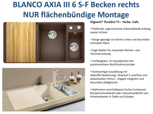 BLANCO Axia III 6 S-F HSB (Holzschneidbrett) Silgranit PuraDurII Granitsple Flchenbndig Ablaufsystem InFino mit Drehknopfventil