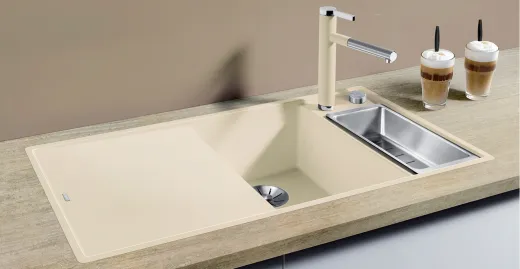 BLANCO Axia III 6 S-F HSB (Holzschneidbrett) Silgranit PuraDurII Granitsple Flchenbndig Ablaufsystem InFino mit Drehknopfventil