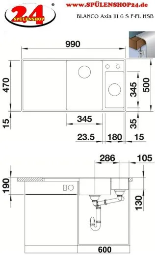 BLANCO Axia III 6 S-F HSB (Holzschneidbrett) Silgranit PuraDurII Granitsple Flchenbndig Ablaufsystem InFino mit Drehknopfventil