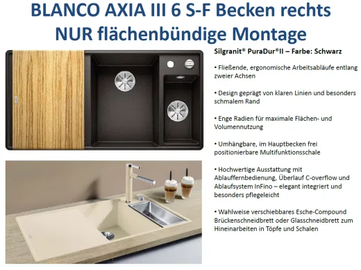 BLANCO Axia III 6 S-F HSB (Holzschneidbrett) Silgranit PuraDurII Granitsple Flchenbndig Ablaufsystem InFino mit Drehknopfventil