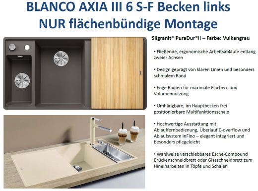 BLANCO Axia III 6 S-F HSB (Holzschneidbrett) Silgranit PuraDurII Granitsple Flchenbndig Ablaufsystem InFino mit Drehknopfventil