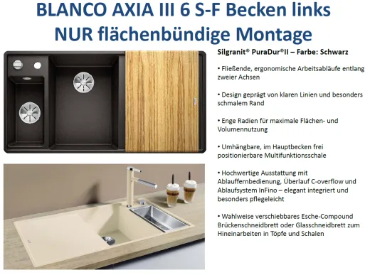 BLANCO Axia III 6 S-F HSB (Holzschneidbrett) Silgranit PuraDurII Granitsple Flchenbndig Ablaufsystem InFino mit Drehknopfventil