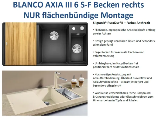 BLANCO Axia III 6 S-F HSB (Holzschneidbrett) Silgranit PuraDurII Granitsple Flchenbndig Ablaufsystem InFino mit Drehknopfventil