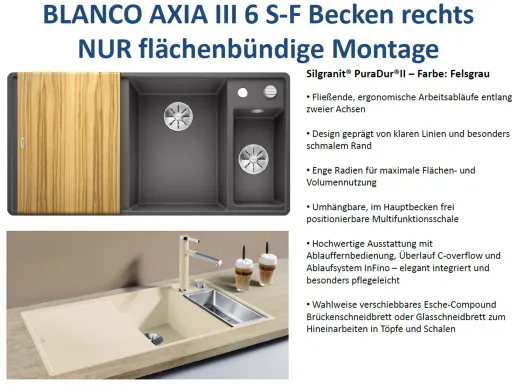 BLANCO Axia III 6 S-F HSB (Holzschneidbrett) Silgranit PuraDurII Granitsple Flchenbndig Ablaufsystem InFino mit Drehknopfventil