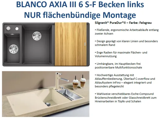 BLANCO Axia III 6 S-F HSB (Holzschneidbrett) Silgranit PuraDurII Granitsple Flchenbndig Ablaufsystem InFino mit Drehknopfventil