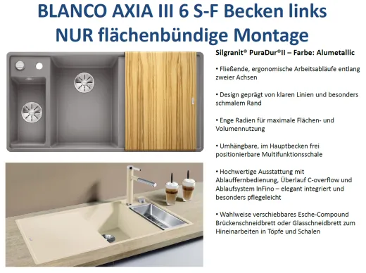 BLANCO Axia III 6 S-F HSB (Holzschneidbrett) Silgranit PuraDurII Granitsple Flchenbndig Ablaufsystem InFino mit Drehknopfventil