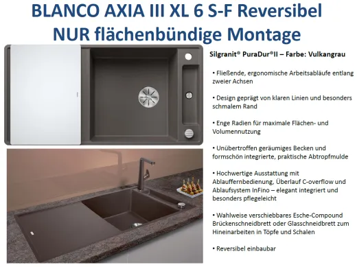 BLANCO Axia III XL 6 S-F GSB (Glasschneidbrett) Silgranit PuraDurII Granitsple Flchenbndig Ablaufsystem InFino mit Drehknopfventil