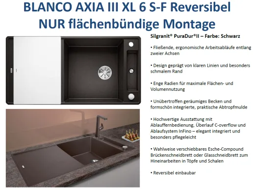 BLANCO Axia III XL 6 S-F GSB (Glasschneidbrett) Silgranit PuraDurII Granitsple Flchenbndig Ablaufsystem InFino mit Drehknopfventil