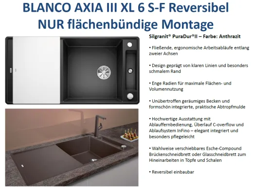 BLANCO Axia III XL 6 S-F GSB (Glasschneidbrett) Silgranit PuraDurII Granitsple Flchenbndig Ablaufsystem InFino mit Drehknopfventil