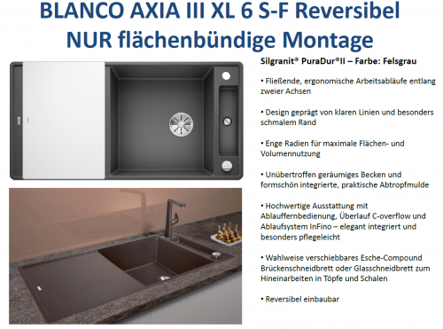 BLANCO Axia III XL 6 S-F GSB (Glasschneidbrett) Silgranit PuraDurII Granitsple Flchenbndig Ablaufsystem InFino mit Drehknopfventil
