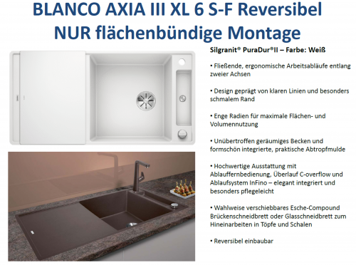 BLANCO Axia III XL 6 S-F GSB (Glasschneidbrett) Silgranit PuraDurII Granitsple Flchenbndig Ablaufsystem InFino mit Drehknopfventil