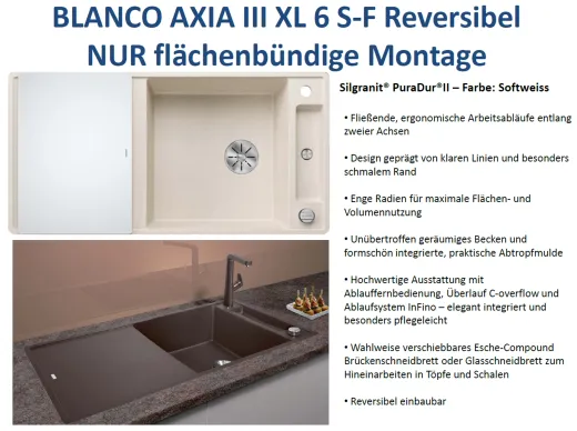 BLANCO Axia III XL 6 S-F GSB (Glasschneidbrett) Silgranit PuraDurII Granitsple Flchenbndig Ablaufsystem InFino mit Drehknopfventil