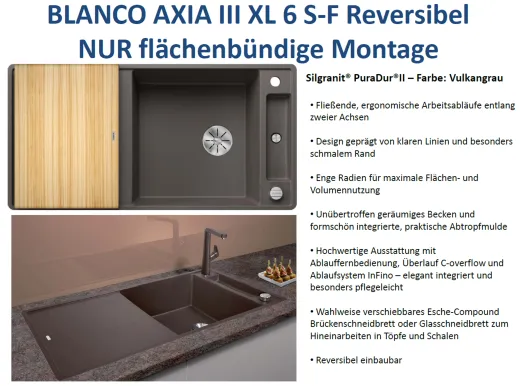 BLANCO Axia III XL 6 S-F HSB (Holzschneidbrett) Silgranit PuraDurII Granitsple Flchenbndig Ablaufsystem InFino mit Drehknopfventil
