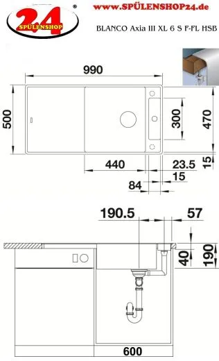 BLANCO Axia III XL 6 S-F HSB (Holzschneidbrett) Silgranit PuraDurII Granitsple Flchenbndig Ablaufsystem InFino mit Drehknopfventil