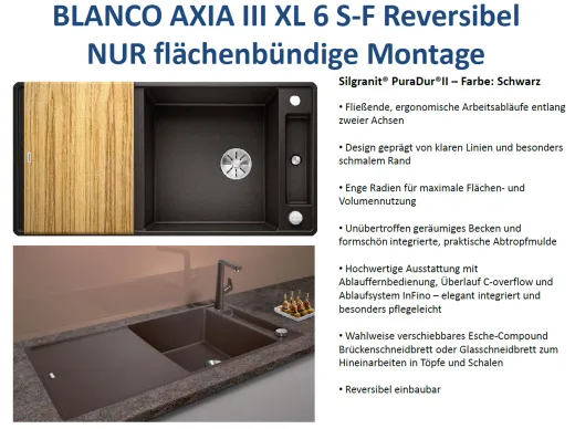 BLANCO Axia III XL 6 S-F HSB (Holzschneidbrett) Silgranit PuraDurII Granitsple Flchenbndig Ablaufsystem InFino mit Drehknopfventil
